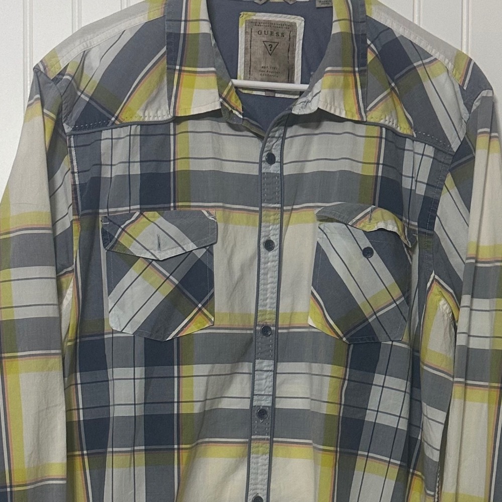 Guess Plaid Button Down Shirt Mens Large Yellow Grey Excellent Western Slim Fit